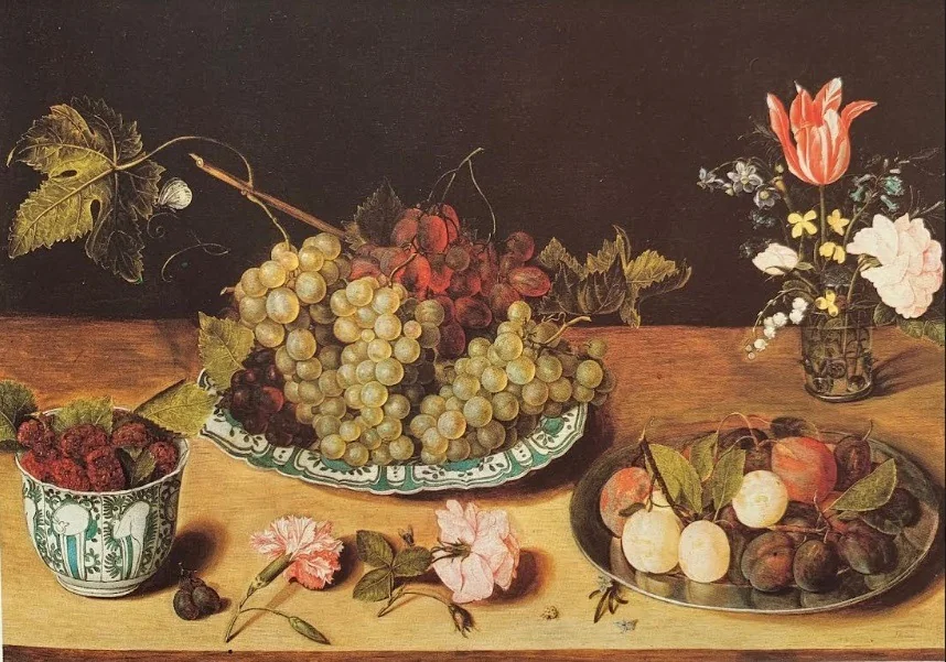 Glass of flowers, plate with grapes, plate with plums and crow cup of black raspberries, detail