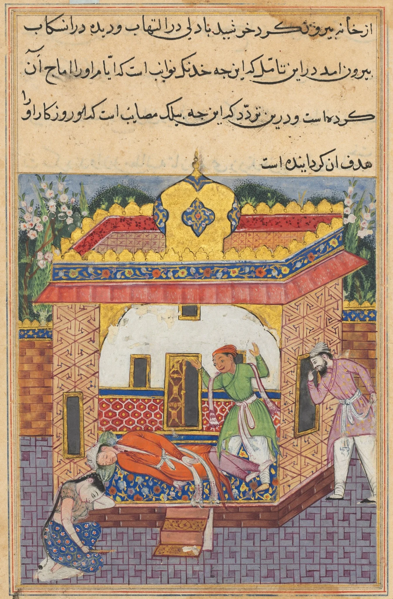 Latif, who has murdered his brother, falsely accuses Khurshid of the deed, from a Tuti-nama (Tales of a Parrot): Thirty-second Night, detail