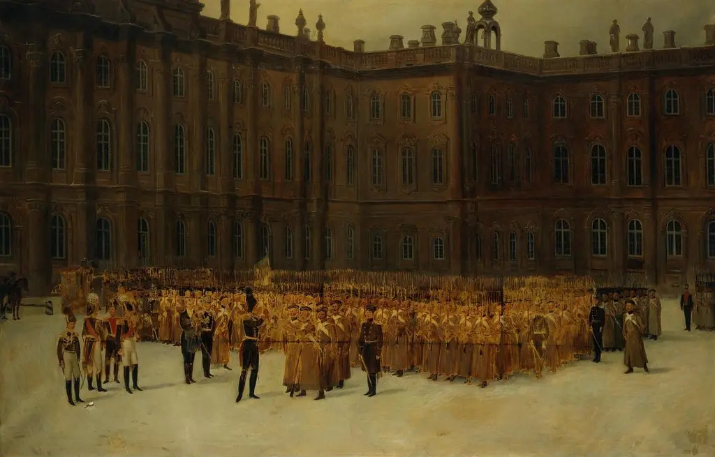Nicholas I before the Unit Formation of the Life-Guards Field Engineer Battalion in the Court of the Winter Palace on 14 December 1825, by Vasily Maksutov, oil, 1861