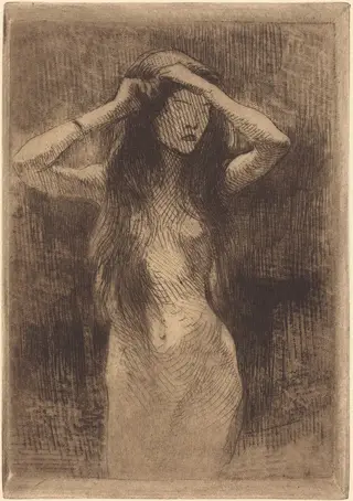 Nude Girl Combing Her Hair, by Albert Besnard, ink, 1887