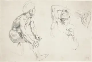 Male Nude Posing for Figures in the "Frise de la Guerre", by Eugène Delacroix, graphite, 1835
