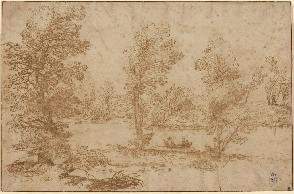 Woodland River with a Boat, by Agostino Carracci, ink, 1590