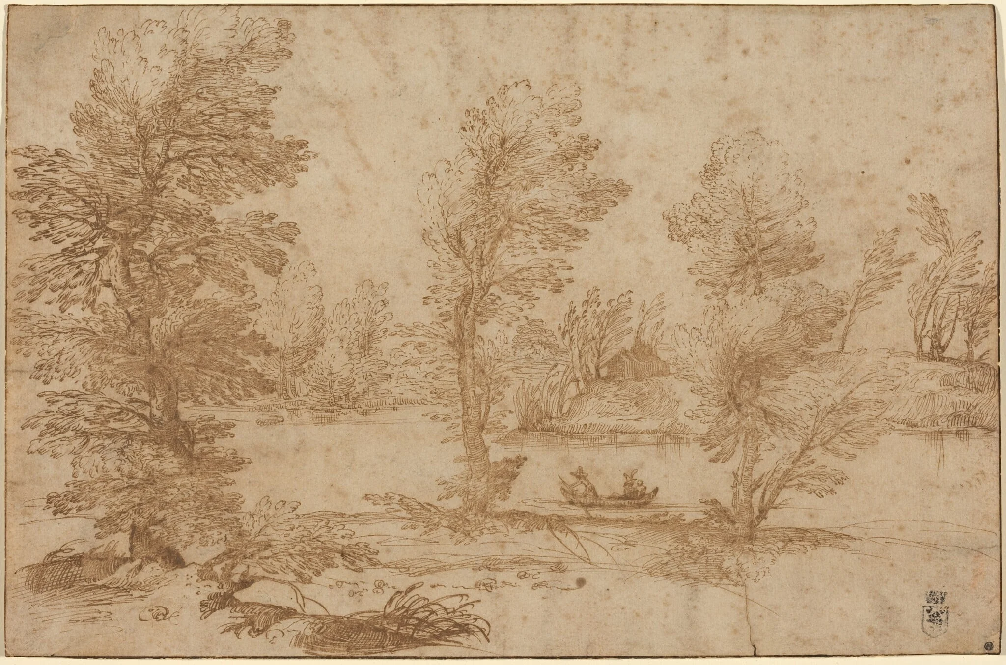 Woodland River with a Boat, detail