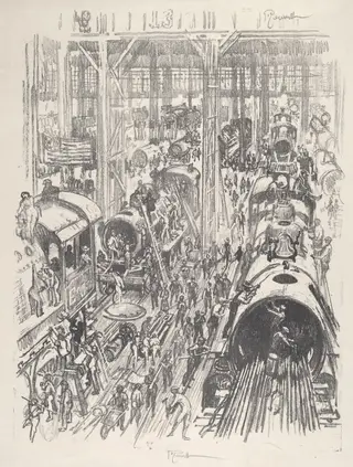 Building Engines for the Allies, by Joseph Pennell, ink, 1917
