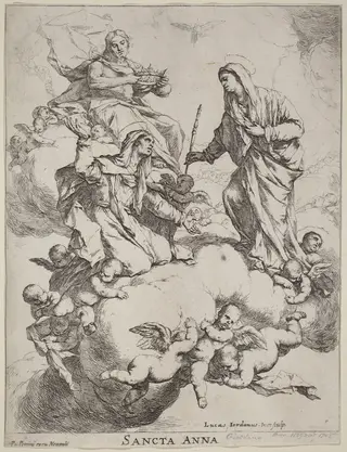 Saint Anne Received by the Virgin and Christ, by Luca Giordano, ink, 1670