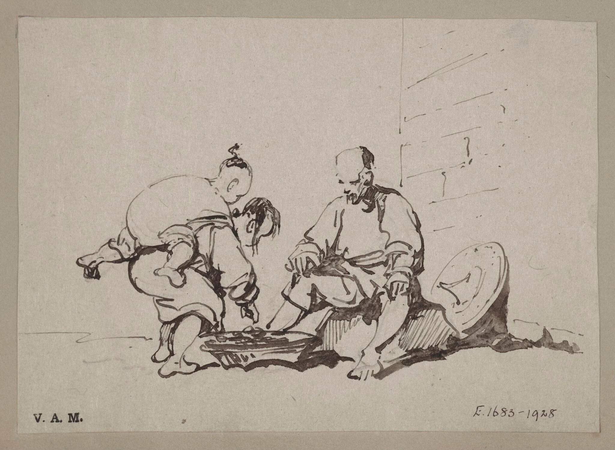 A drawing by GeA vendor and a stooping woman with a child on her back, detail
