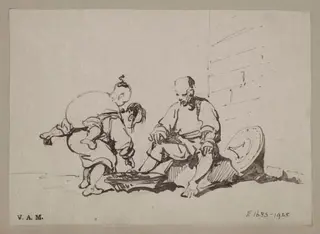 A drawing by GeA vendor and a stooping woman with a child on her back, by George Chinnery, 19