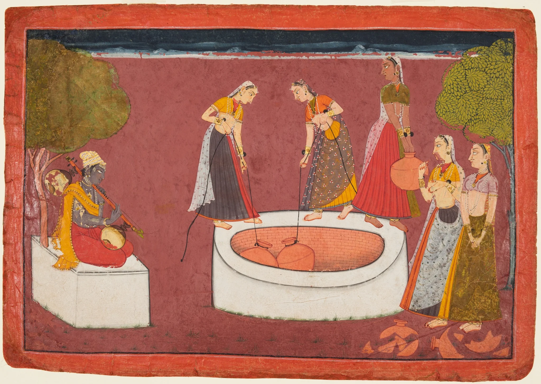 Madhava Plays his Vina before Five Women Drawing Water from a Well, from a Madhavanala Kamakandala, detail