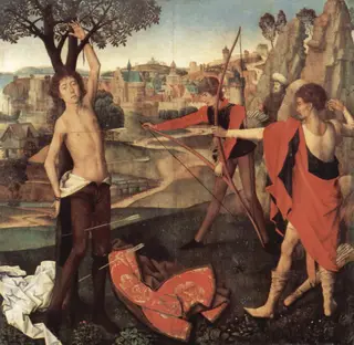 The Martyrdom of St Sebastian, by Hans Memling, oil, 1475
