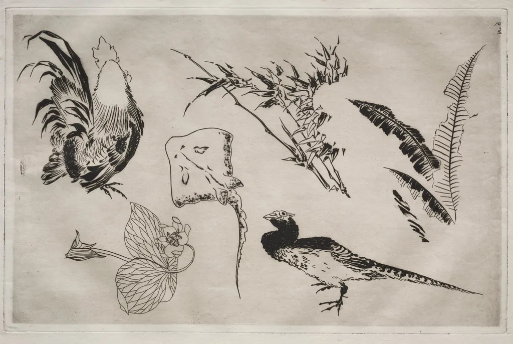 Dinner Service (Rousseau service): Roosters, skate, plants, etc. (no. 9), by Félix Bracquemond, 1866
