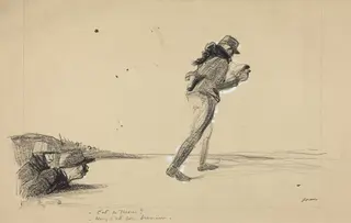 Sur le Front.  -C'est sa theorie?  -Non, c'est son breviaire., by Jean-Louis Forain, watercolor, 1916