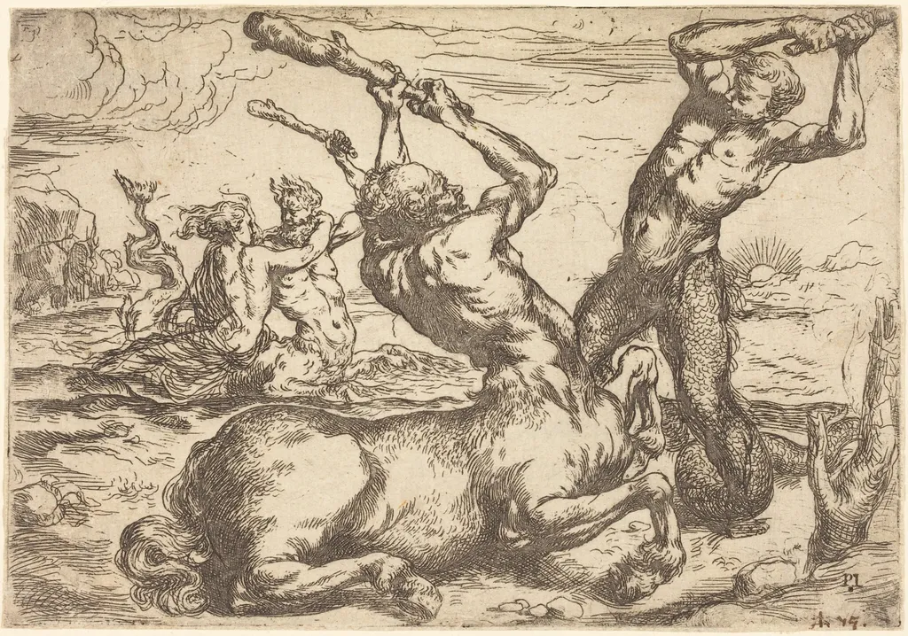 Battle between a Centaur and a Triton, by Jusepe de Ribera, ink, 1630