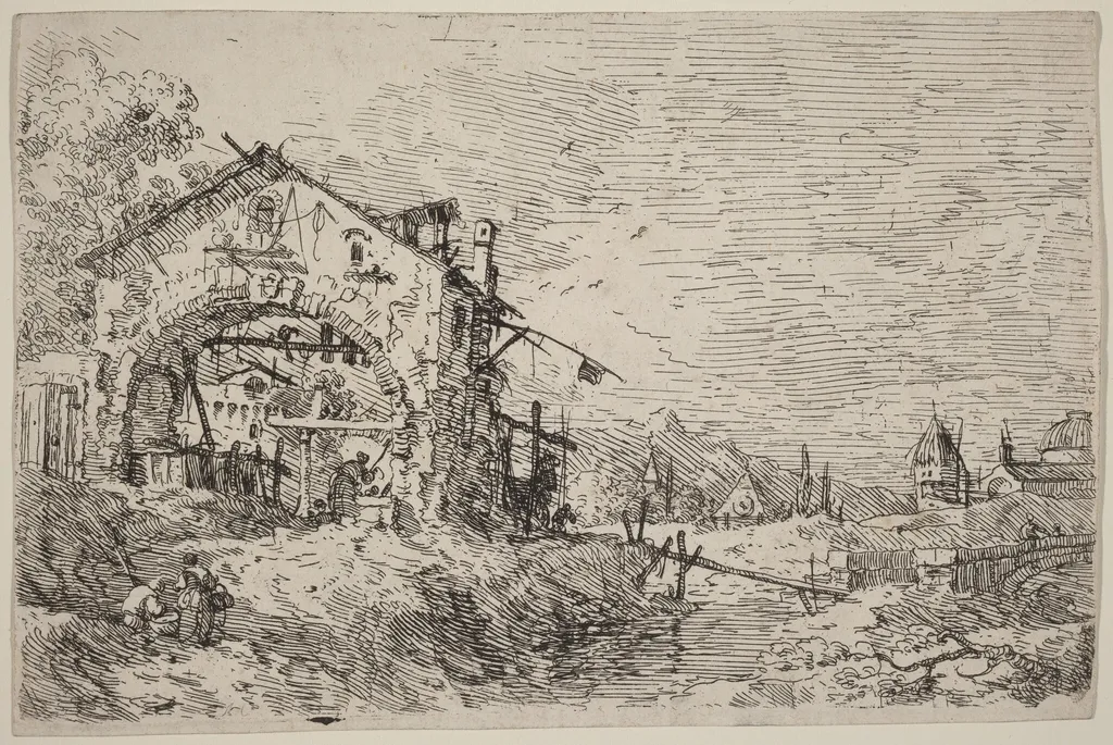 Landscape with a Woman at a Well, by Canaletto, ink, 1740