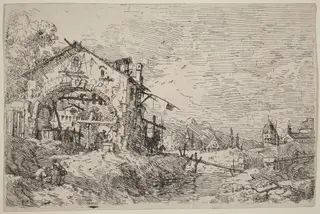 Landscape with a Woman at a Well, by Canaletto, ink, 1740