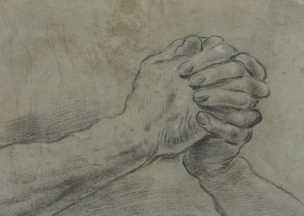 Clasped Hands [verso], by Giacomo Cavedone, chalk, 1612