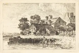 Horses Being Led to Water on a Winding Riverbank, by Nicolas Pérignon, ink, 1771
