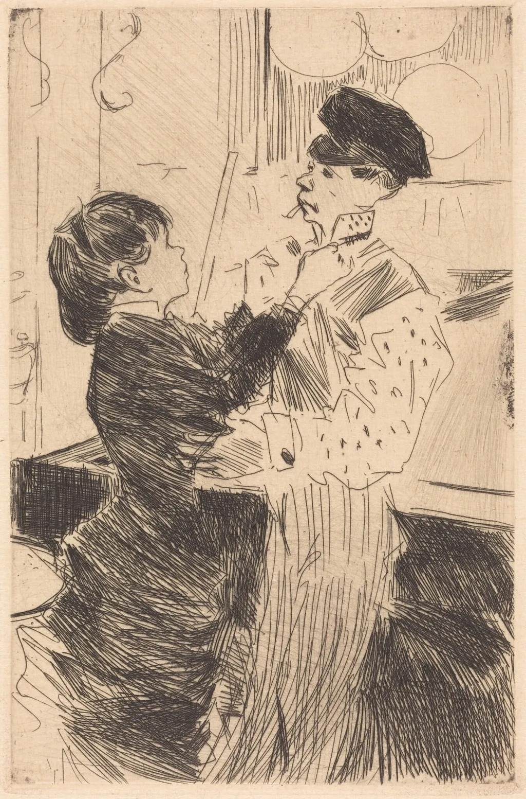 La noed de cravate (Knotting the Cravat), by Jean-Louis Forain, ink, 1880