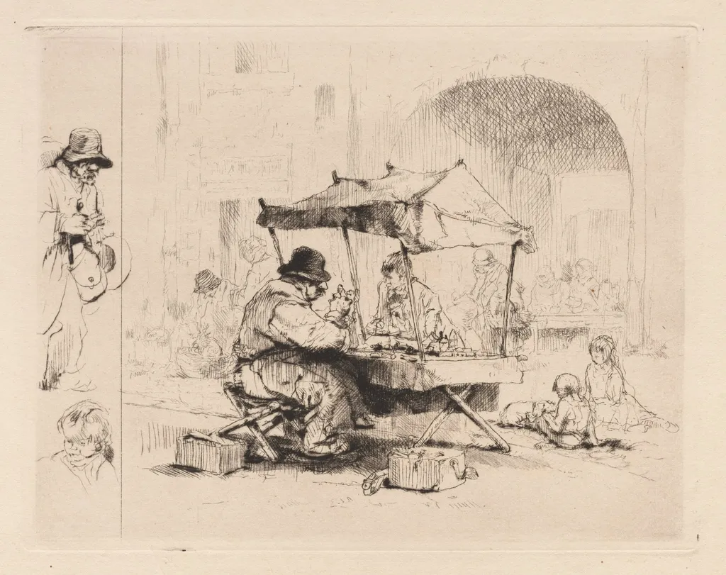 [Merchant in his stall with children playing], by Auguste Brouet, 1922