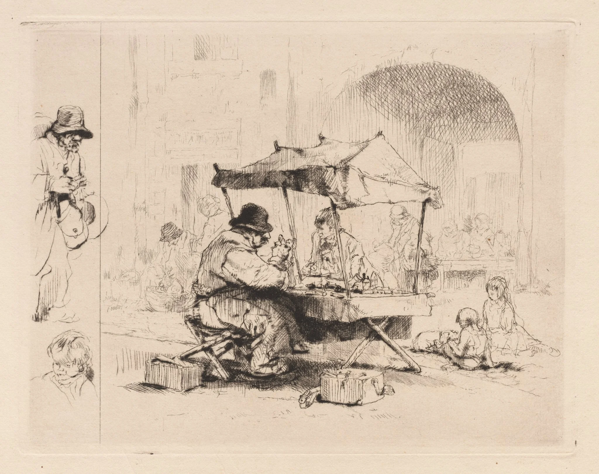 [Merchant in his stall with children playing], detail