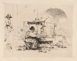[Merchant in his stall with children playing], by Auguste Brouet, 1922
