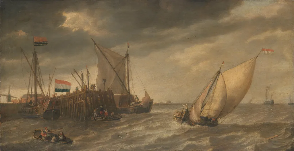 Ships near a pier, by Bonaventura Peeters, oil, 1635