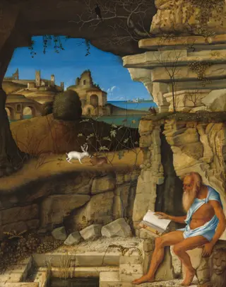 Saint Jerome Reading, by Giovanni Bellini, oil, 1505