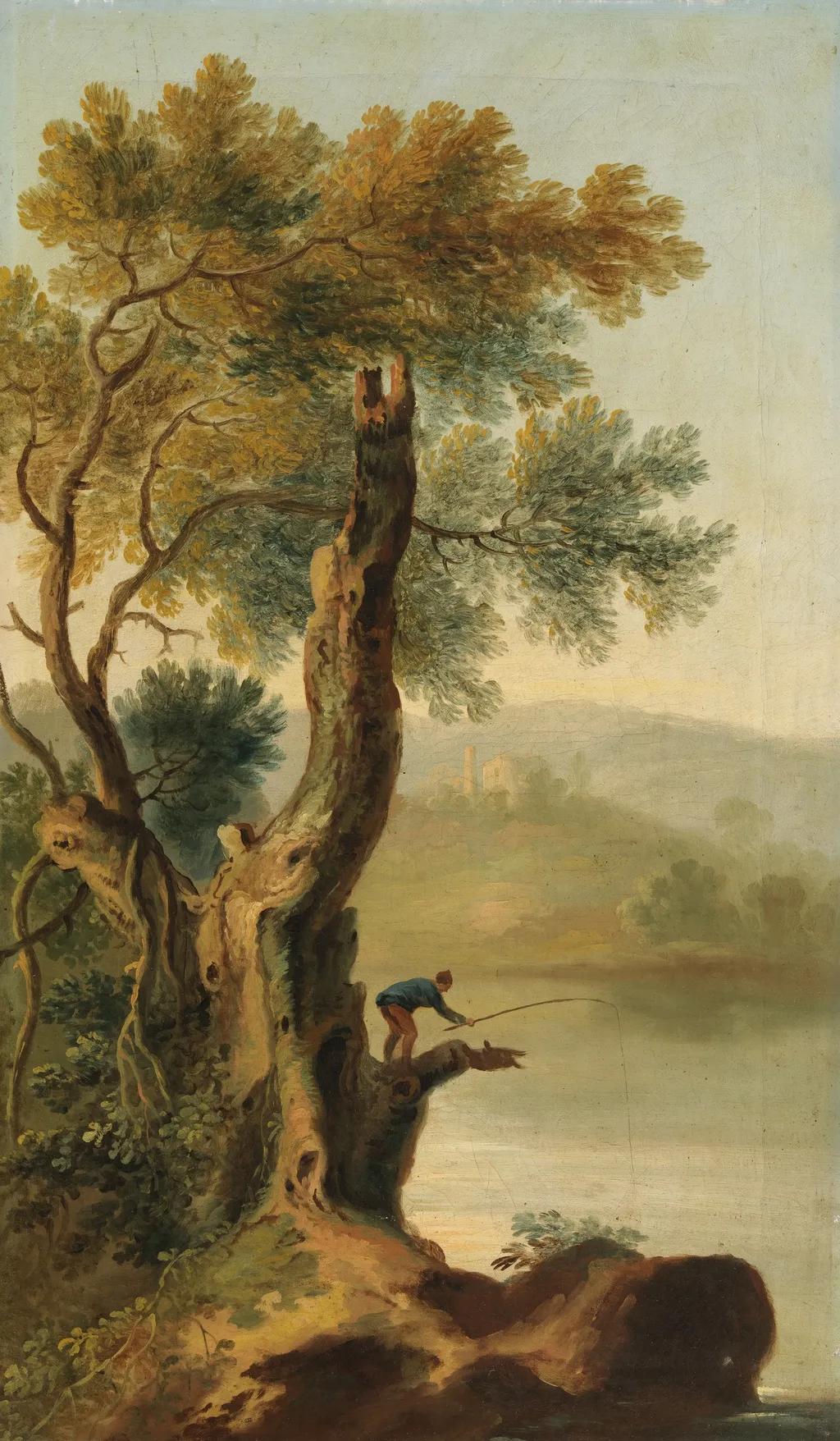 A Landscape with a Man Fishing, by George Barret, Sr., oil, 1767