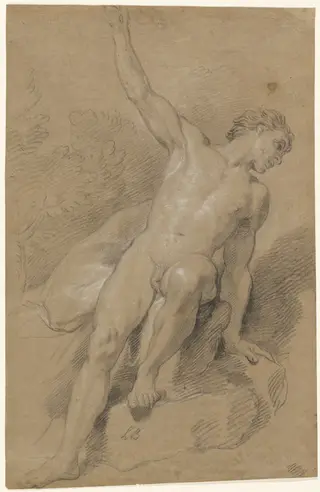 Male Nude Seated on Rocks, by Louis de Boullogne the Younger, chalk