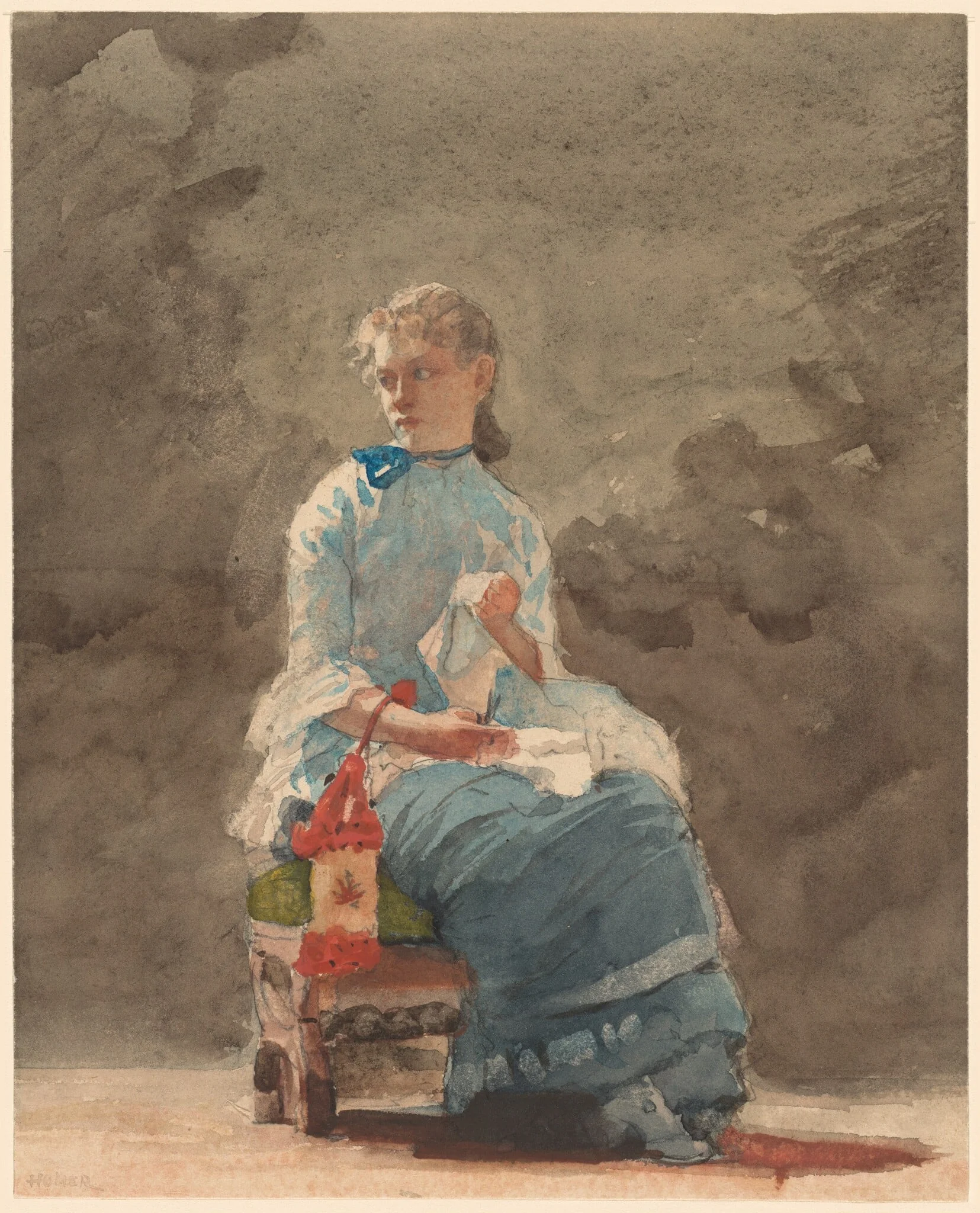 Young Woman Sewing, detail