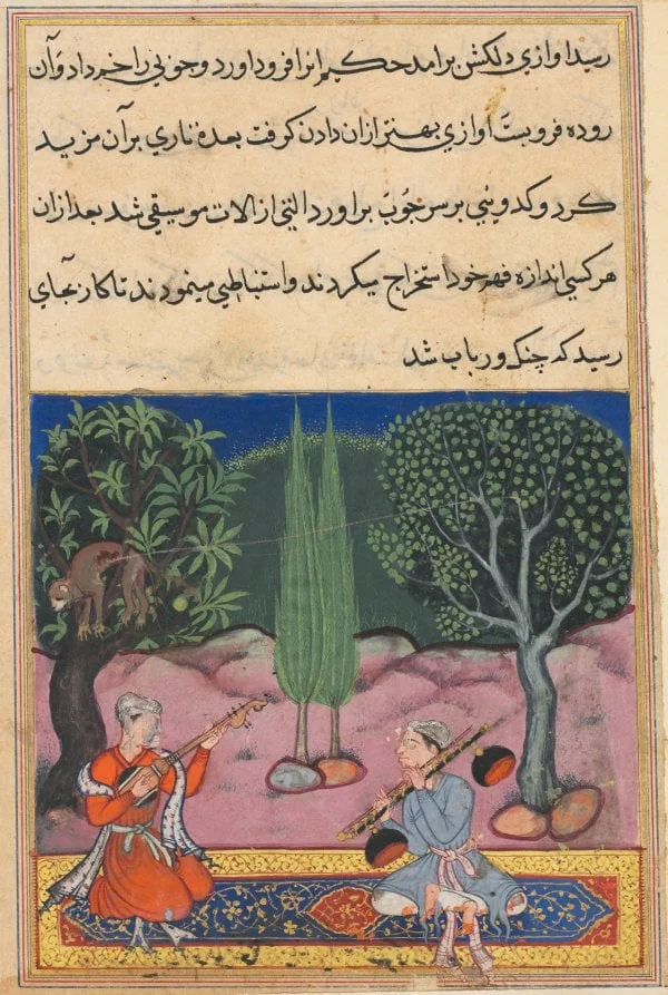 The invention of musical instruments from the intestines of a monkey, from a Tuti-nama (Tales of a Parrot): Fourteenth Night, detail
