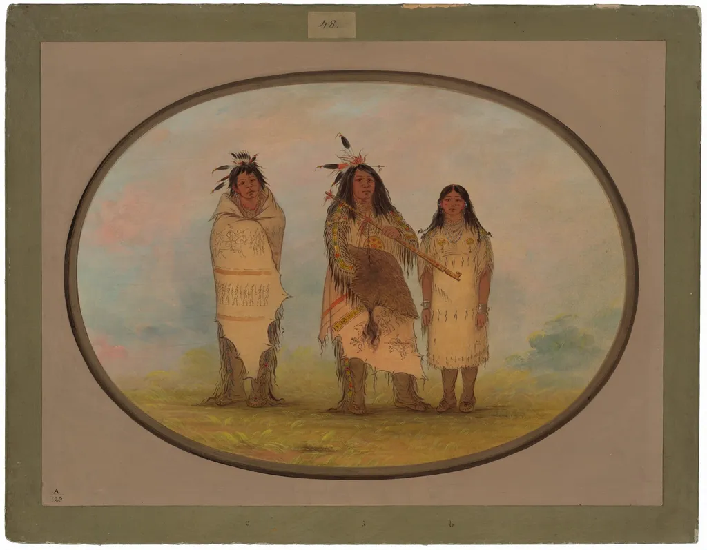 A Cheyenne Chief, His Wife, and a Medicine Man, by George Catlin, oil, 1865