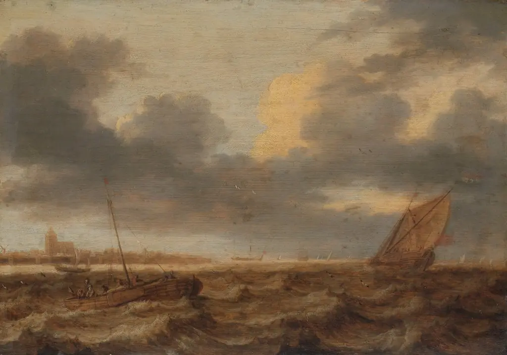 Fishing boats in choppy waters, by Jan Porcellis, oil, 1630