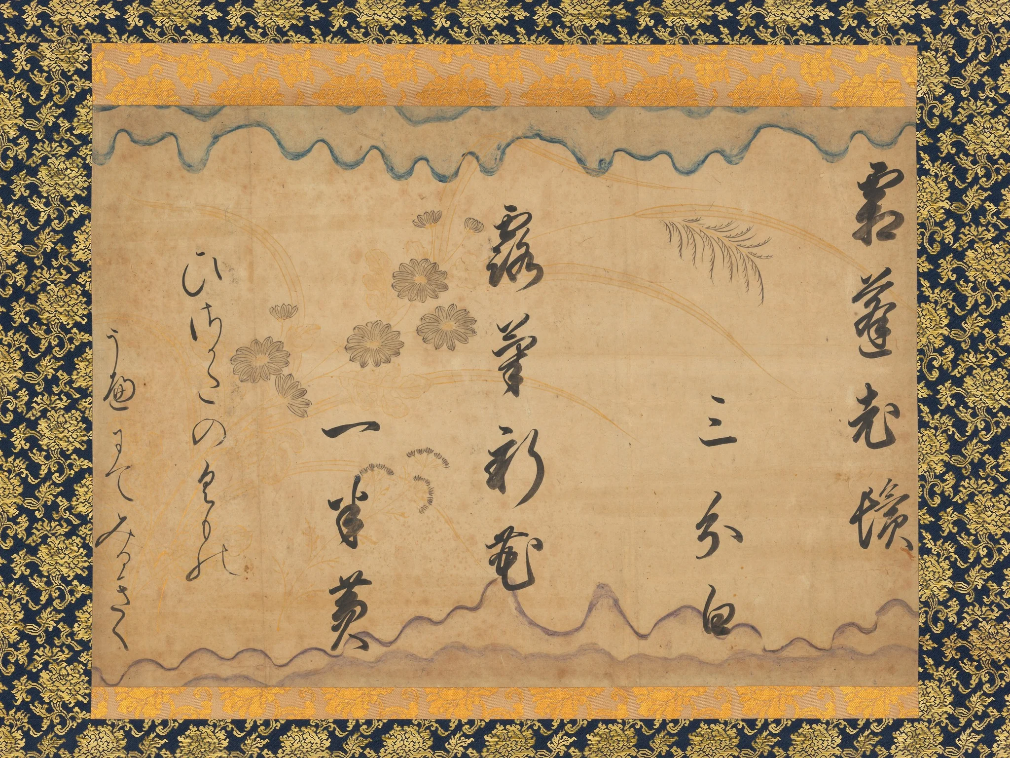 Chinese Couplet by Bai Juyi and Waka by Fujiwara no Toshiyuki (partial) from “Japanese and Chinese Poems to Sing” (Wakan rōeishū), detail