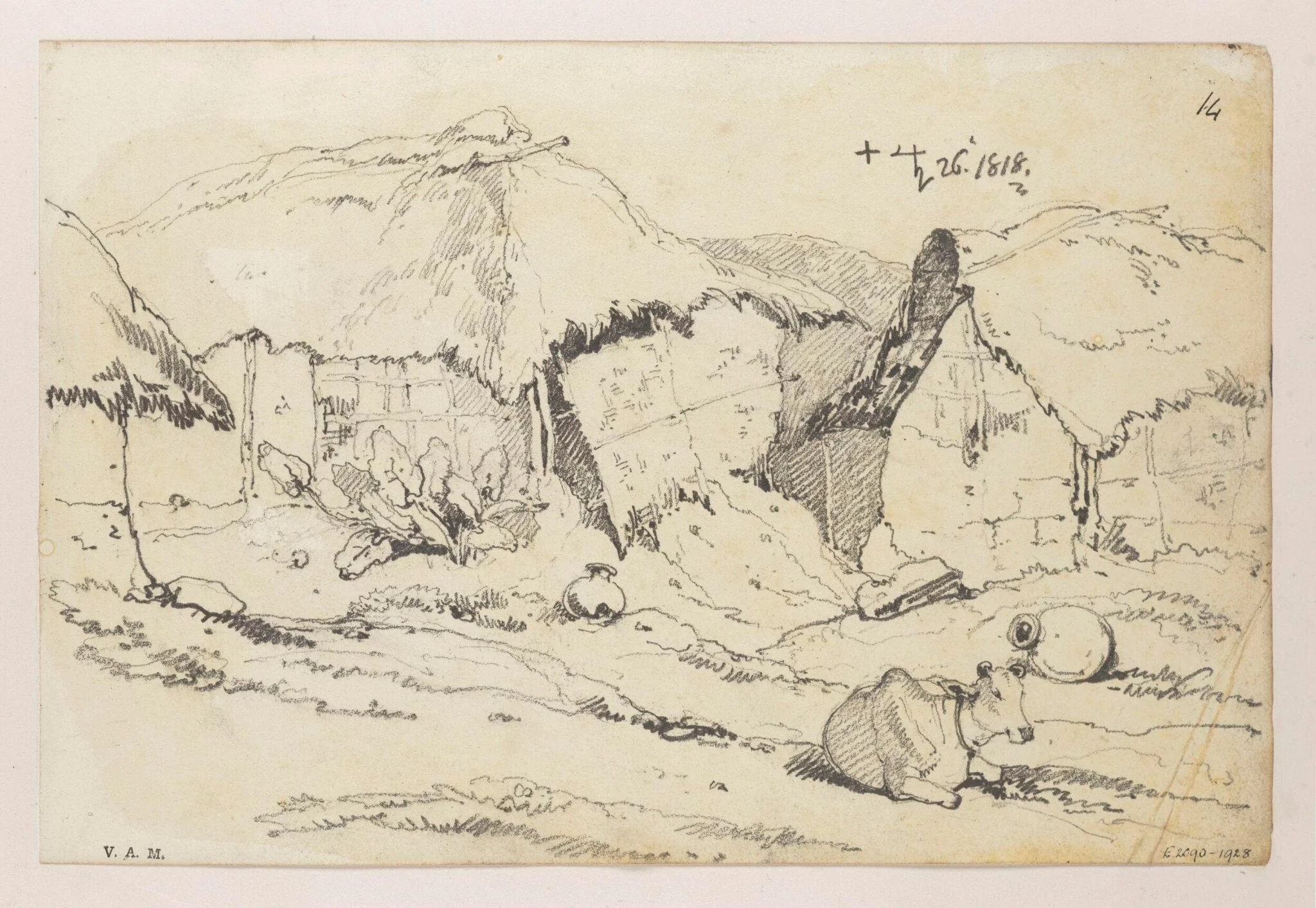 Indian village dwellings with a humped ox, detail