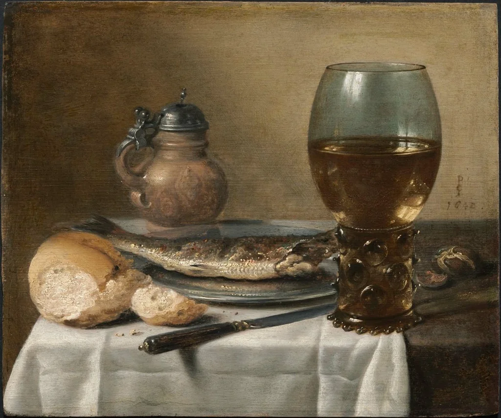 Still Life with Stoneware Jug, Wine Glass, Herring, and Bread, detail