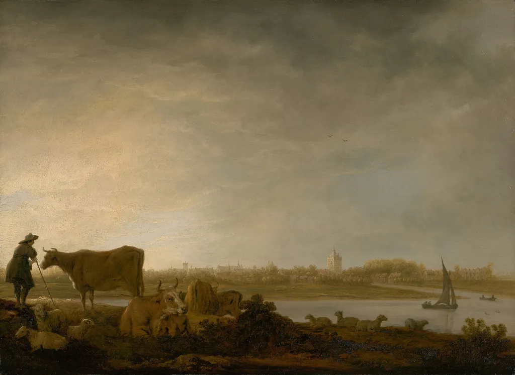 A View of Vianen with a Herdsman and Cattle by a River, by Aelbert Cuyp, unspecified, 1644
