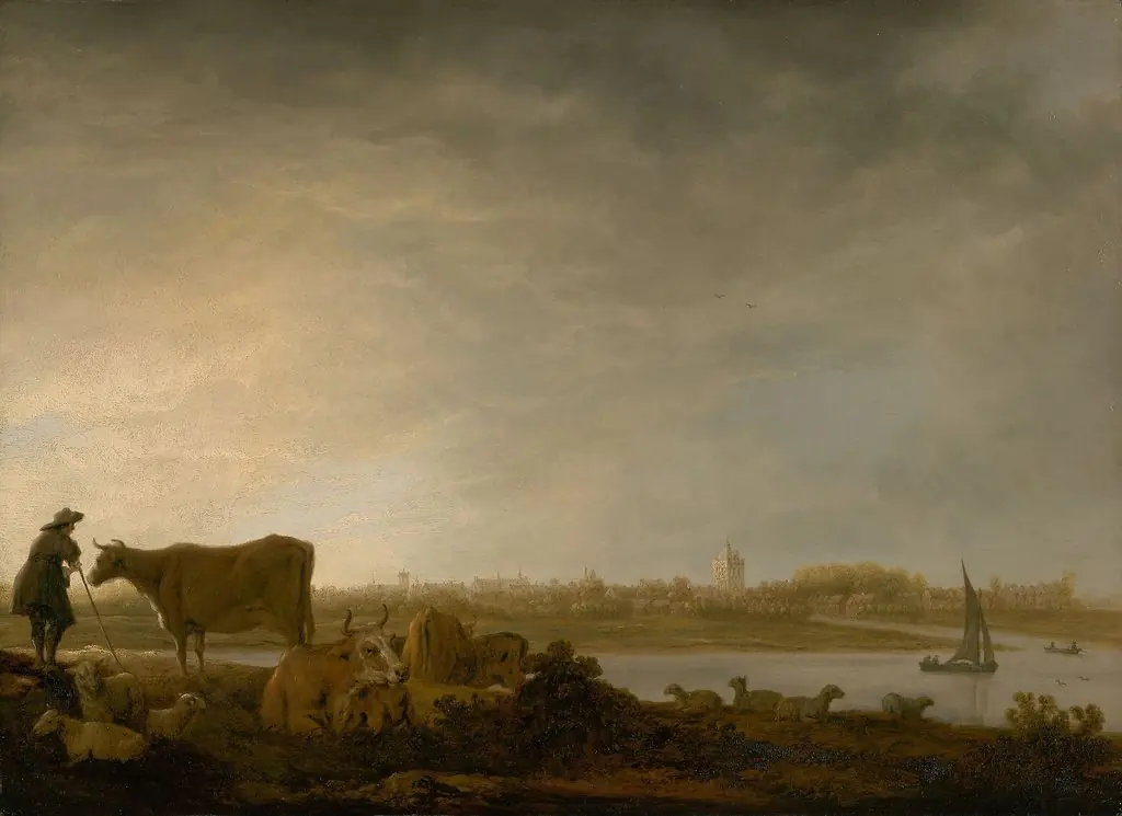 A View of Vianen with a Herdsman and Cattle by a River, by Aelbert Cuyp, unspecified, 1644