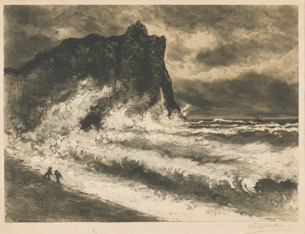 Gust of Wind at Étretat (Coup de vent à Étretat), by Eugène Delâtre, ink, 1898