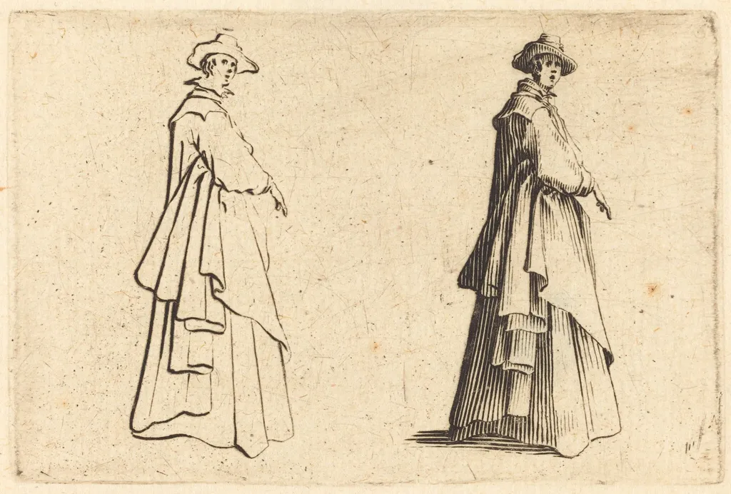 Lady in a Large Coat, by Jacques Callot, ink, 1622