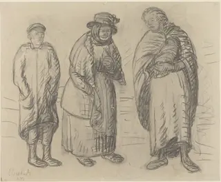 Three Figures, by Ernst Barlach, charcoal, 1913