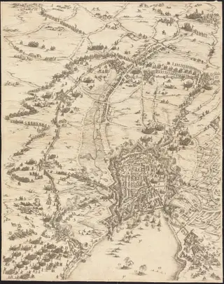 The Siege of La Rochelle [plate 6 of 16;  set comprises 1952.8.97-112], by Jacques Callot, ink, 1630