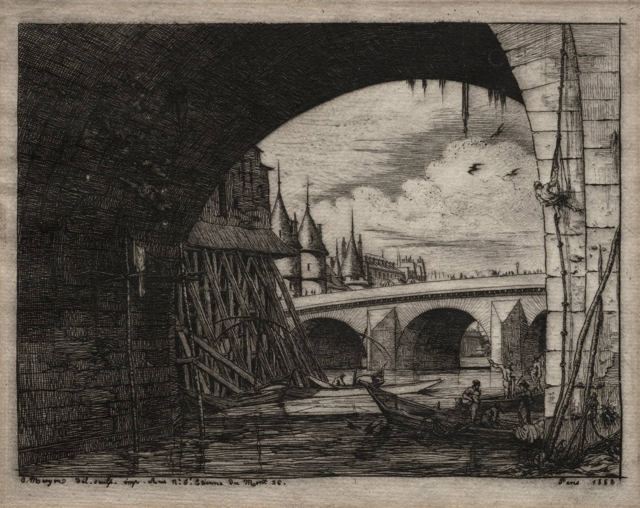 Etchings of Paris: An Arch of the Notre Dame Bridge, detail
