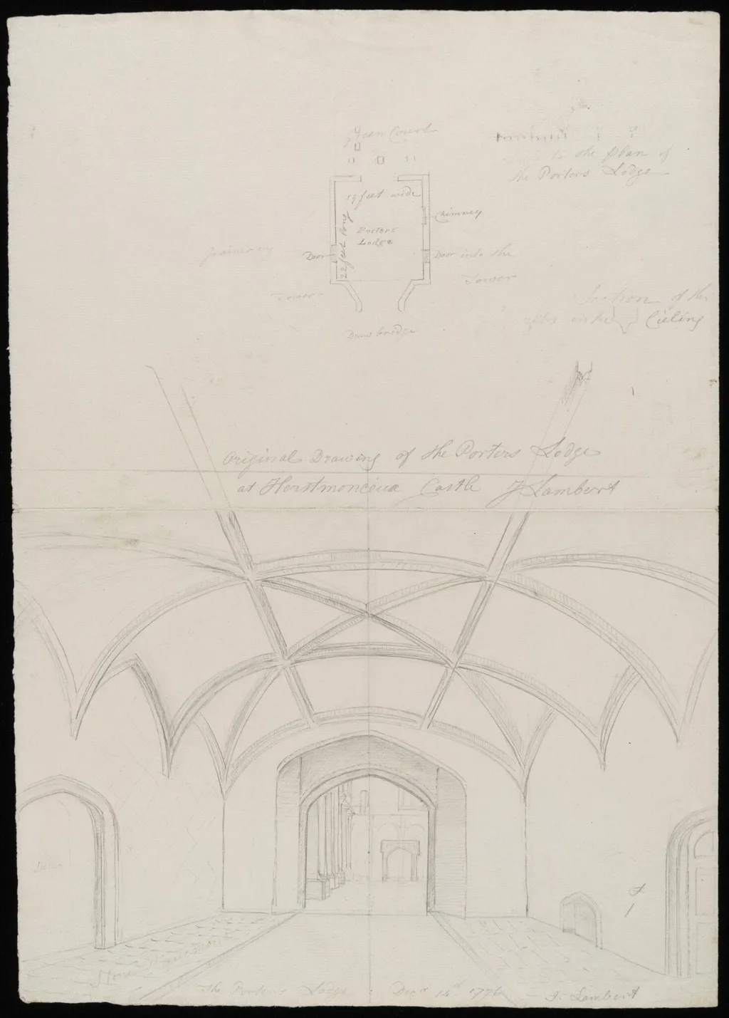 Interior, with sketch plan, of porter's lodge., by James Lambert senior, 14
