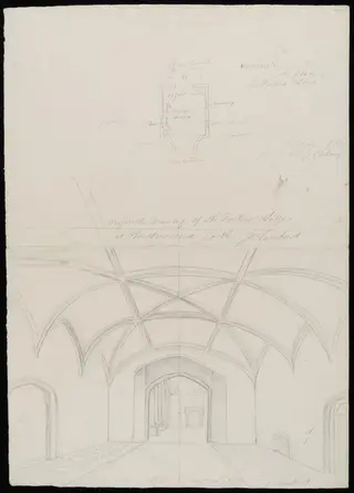 Interior, with sketch plan, of porter's lodge., by James Lambert senior, 14