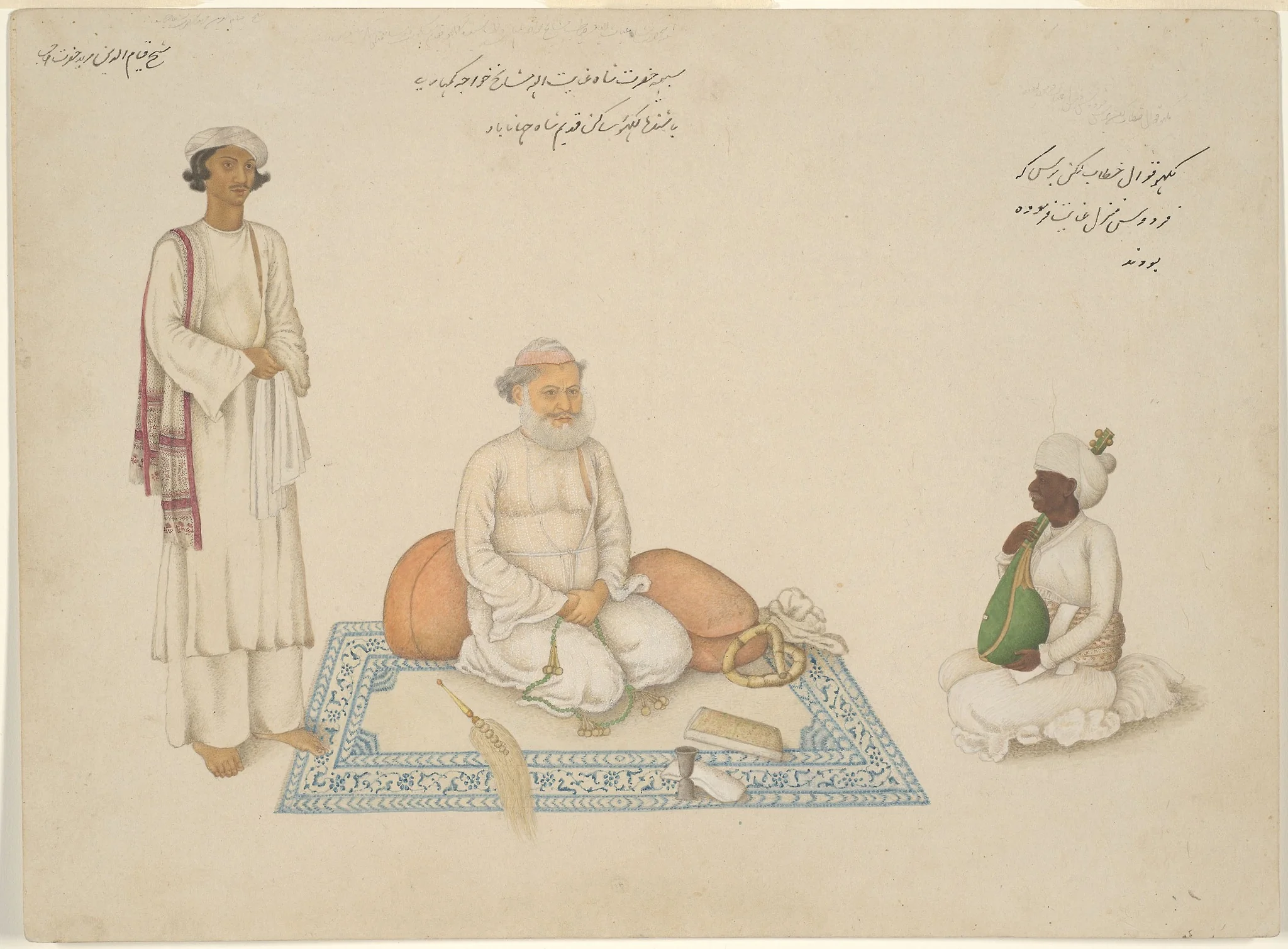Shah Inayat Allah of Sind with his Musician Makkhu and his Attendant Shaykh Qiyam al-Din, page from the Fraser Album, detail
