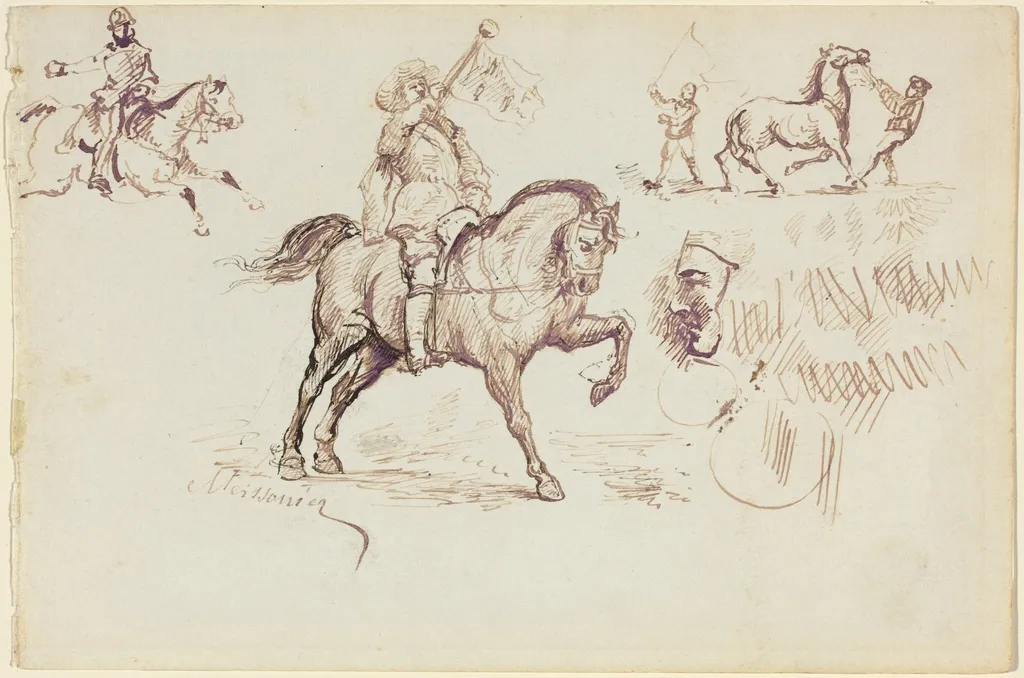 The Herald of Murcia and Other Studies (recto), by Jean-Louis-Ernest Meissonier, ink, 1860