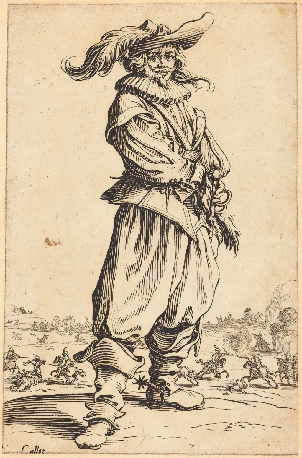Soldier with Feathered Hat, by Jacques Callot, ink, 1622
