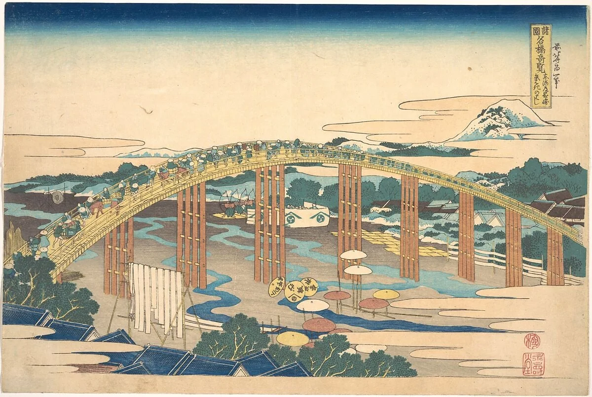 諸國名橋奇覧 東海道岡崎矢はぎのはし|Yahagi Bridge at Okazaki on the Tōkaidō (Tōkaidō Okazaki Yahagi no hashi), from the series Remarkable Views of Bridges in Various Provinces (Shokoku meikyō kiran), detail
