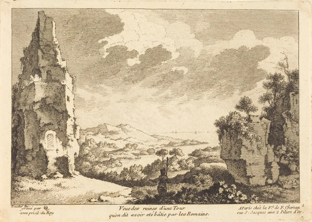 Veue des ruines d'une Tour qu'on dit avoir ete batie par les Romains, by Quentin-Pierre Chedel, ink, 1734
