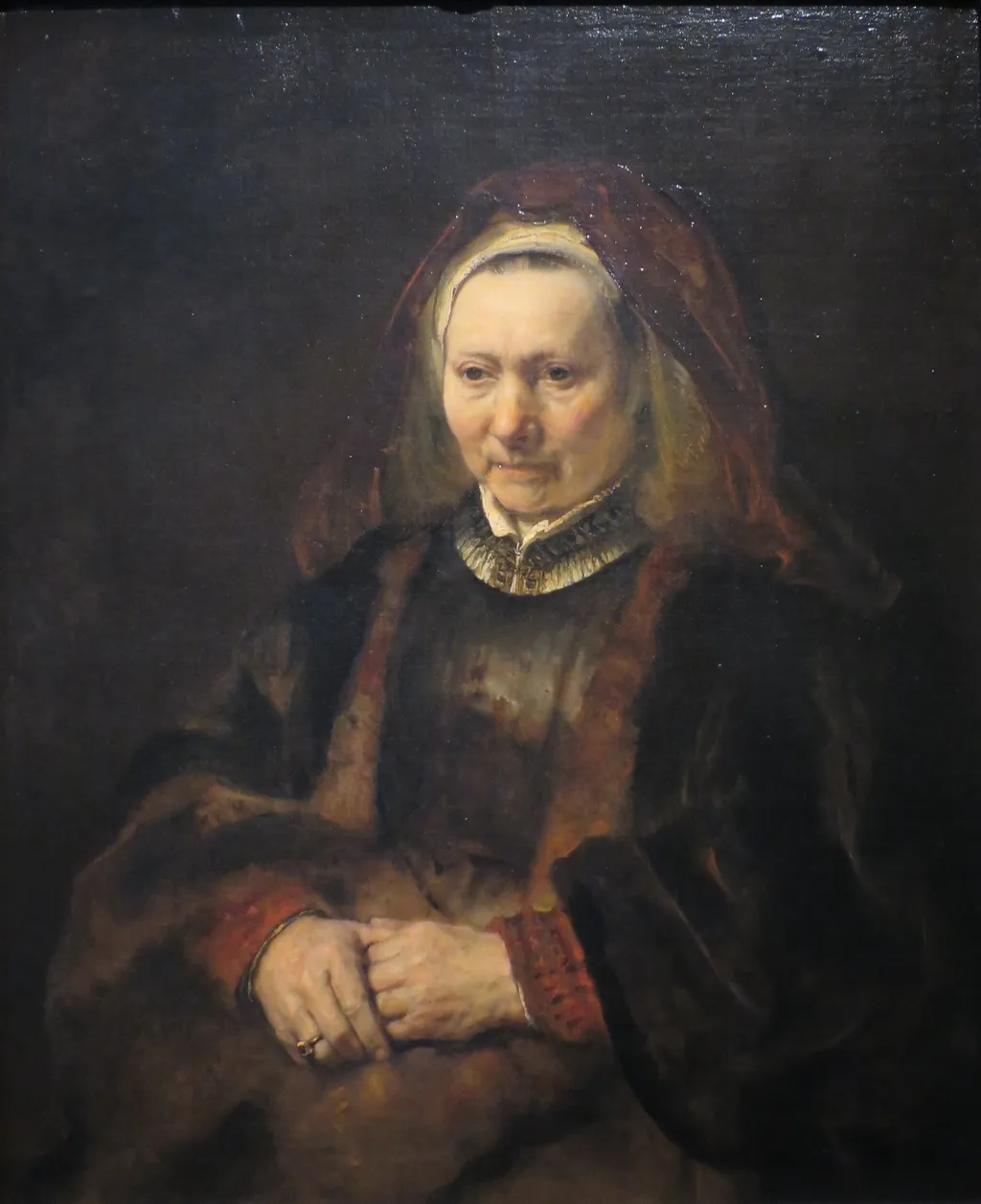 Portrait of an Old Woman in a Fur Robe, by Rembrandt, oil, 1653